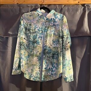 SHEIN Blue and Green Floral Button Down Shirt